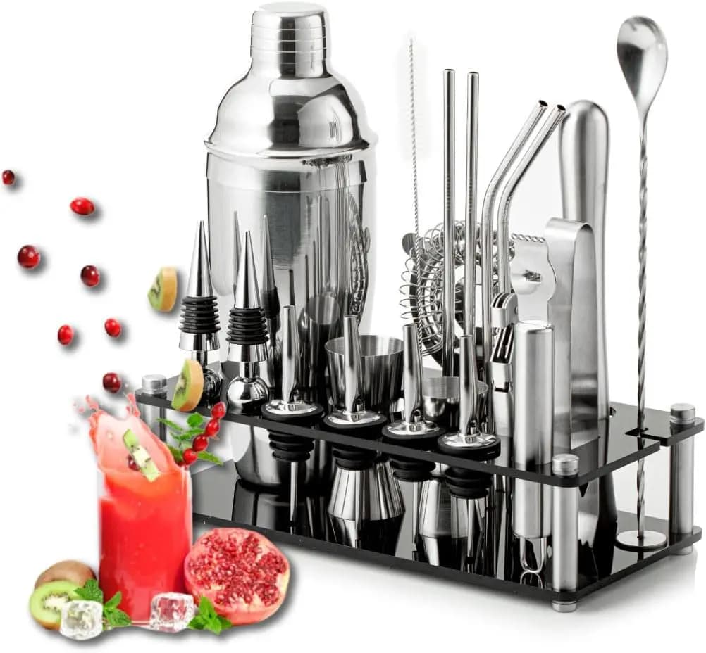 ODM OEM 22 Piece Bartender Kit 700ml Cocktail Shaker Set Stainless Steel Barware Tools With Acrylic Display Stand