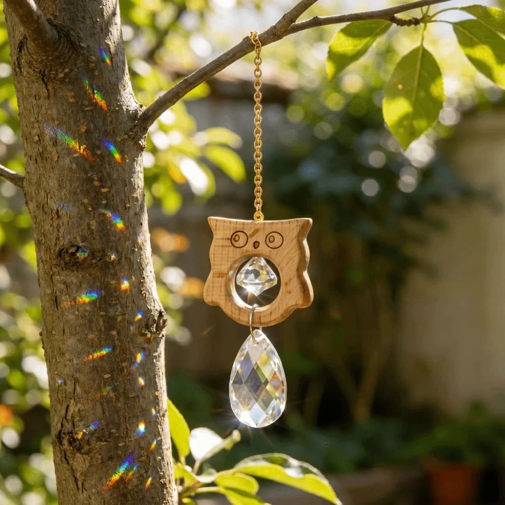 Crystal Wooden Owl Wind Chimes Rotating Colorful Sun Catcher Hanging Exquisite Hollow Out Light Collection Pendant Backyard