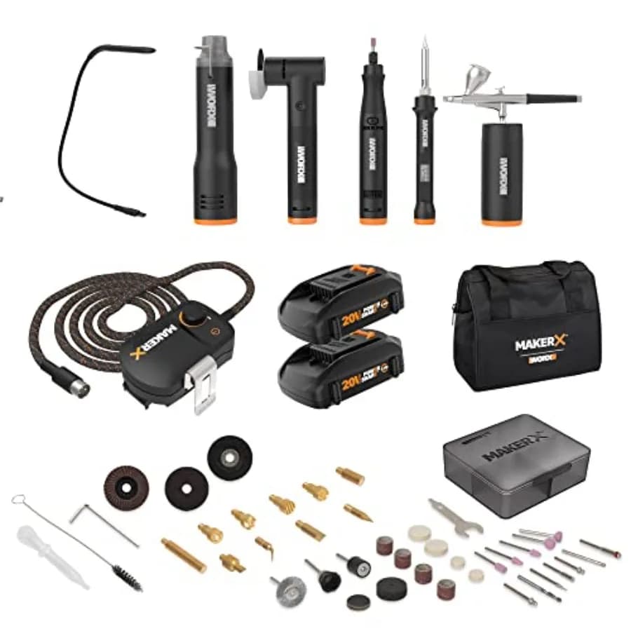 Kit di 6 Utensili WX996L MAKERX: Utensile Rotante per Lavorazione Legno e Metallo, Aerografo, Pistola Termica, Smerigliatrice e Luce LED Flessibile in Borsa da Trasporto