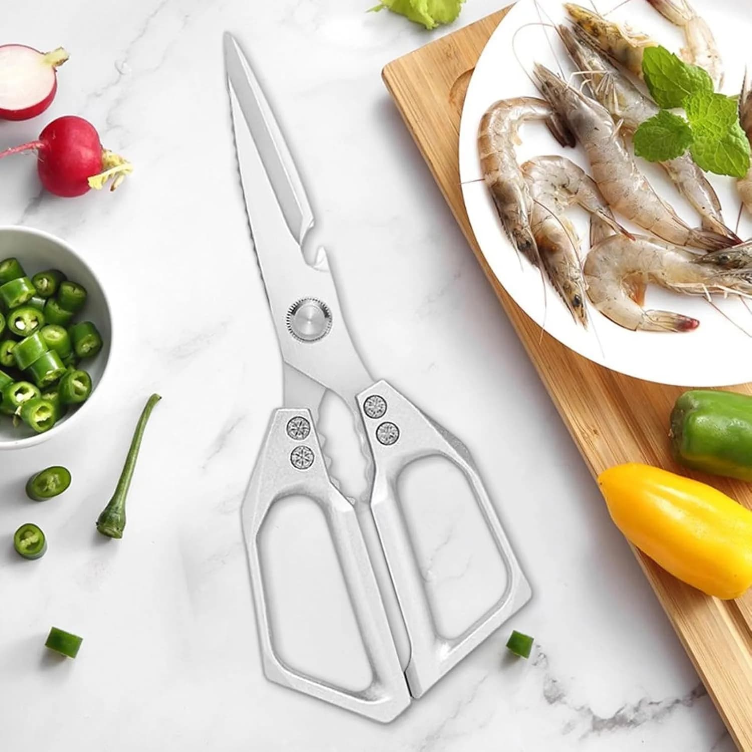 Heavy Duty Kitchen Scissors, Sharp Stainless Steel Cooking Shears for Chicken, Meat, Fish, Poultry, Herbs & Bread, Dishwasher Safe, Silver