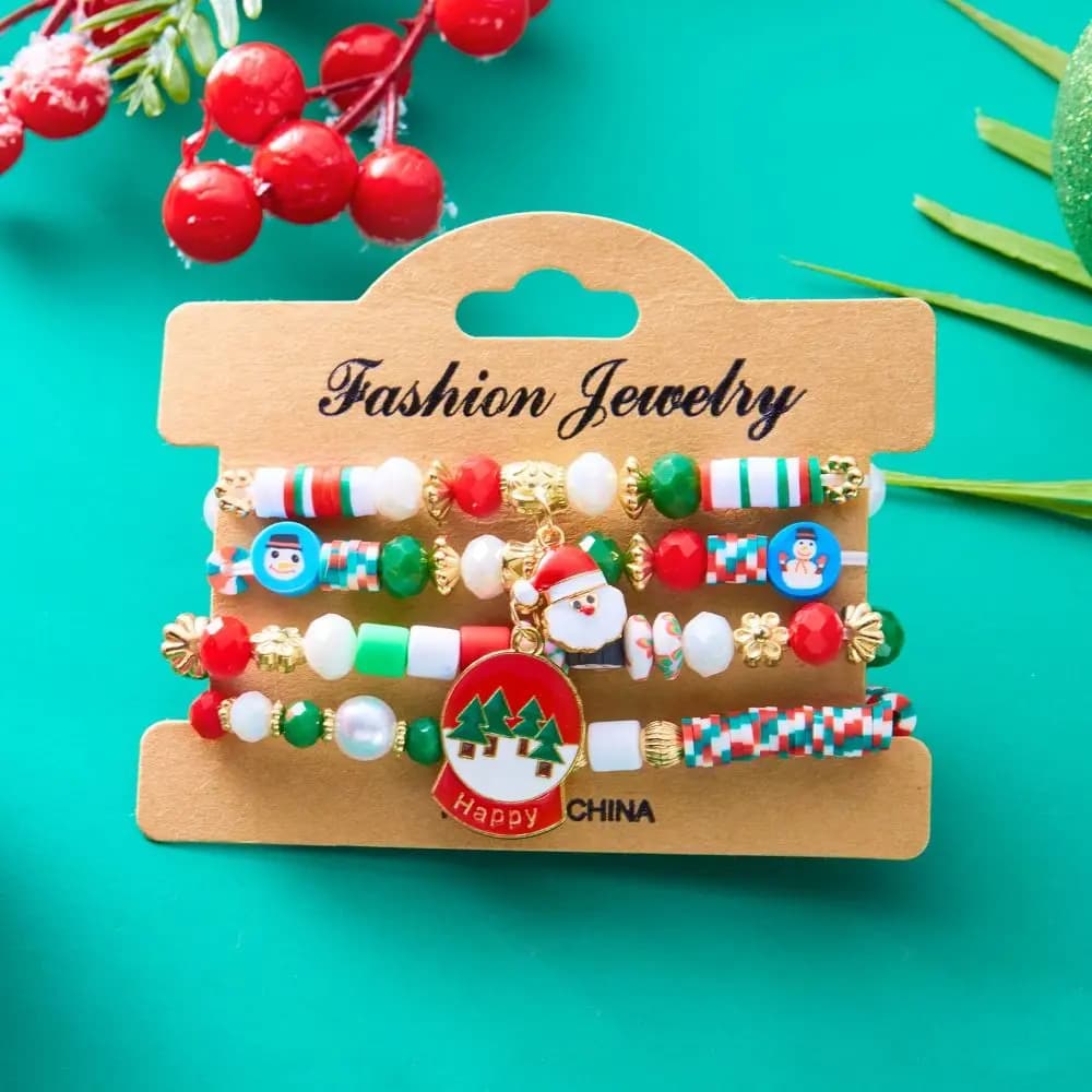 Set di 4 Braccialetti con Perline Natalizie a Tema Cartone Animato, Albero di Natale, Babbo Natale, Gioielli con Catena per Mano, Accessori in Lega