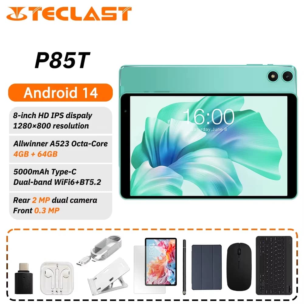 Tablet Teclast P85T A523 con CPU 8-Core, Schermo IPS HD 8 Pollici 1280*800, 12GB (4GB+8GB) RAM, 64GB ROM, Batteria 5000mAh, Type-C, Android 14, WiFi6+BT5.2