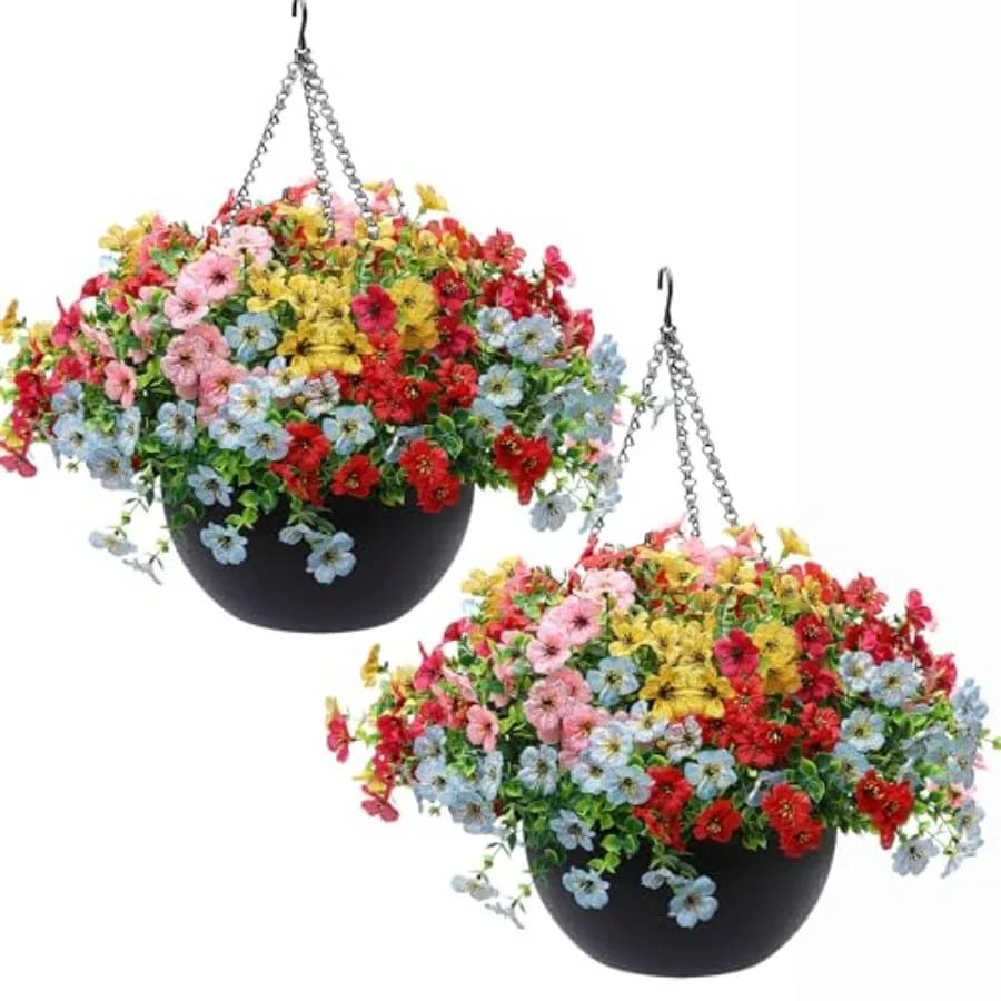 Set of 2 Artificial Flower Baskets Pendants for External Decorations, 30 Mazzi di Piante Finte Resistent with UV Rays, Spring and Summer Decorations
