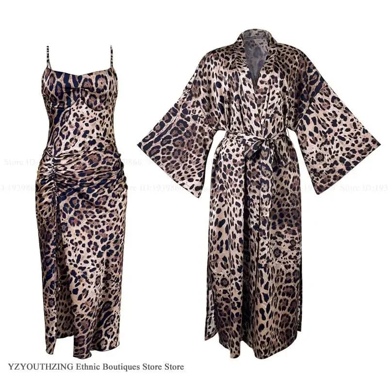 Set Pigiama Sexy con Vestaglia Lunga Leopardata, Nuovo Abbigliamento da Notte Estivo, Set Lingerie da Donna in Raso Setoso, Abito da Casa