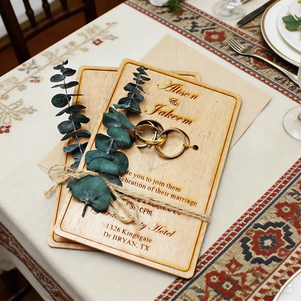 Personalized Engraved Brass Rings Invitation,Rustic Wedding Invitation Set ,Paper & Calligraphy Envelope, Custom Wood Invitation