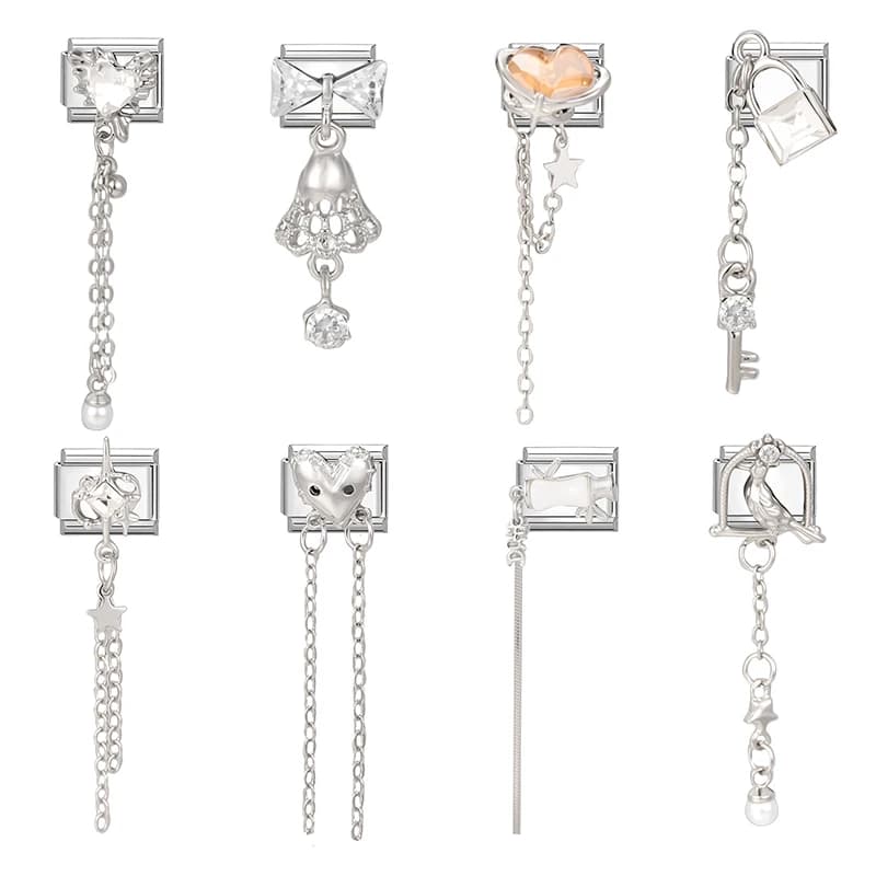 Zircone Love Heart Lock Ciondolo lungo in argento brillante Collegamenti con ciondoli italiani Misura bracciale da donna in acciaio inossidabile da 9 mm Regali fai-da-te
