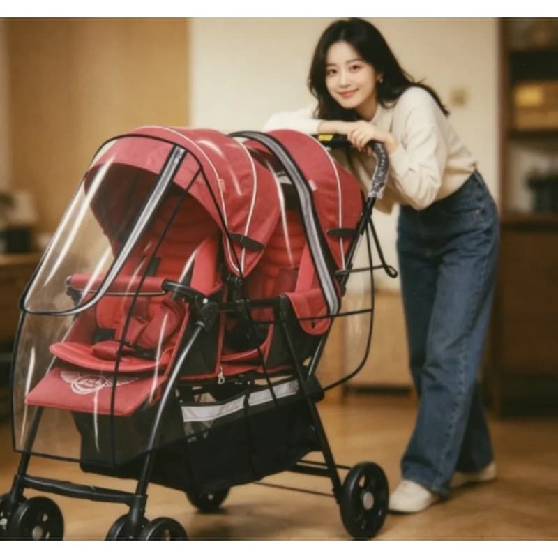 Copertura Impermeabile per Passeggino Doppio con Borsa Portaoggetti per Passeggino Gemellare per Uso in Giorni di Pioggia