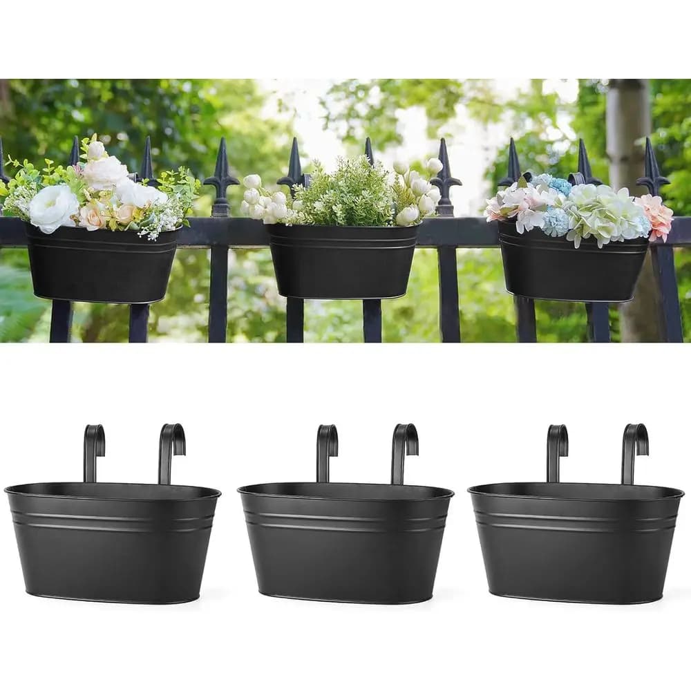 10.5 Inch Metal Iron Hanging Pots or Railing Hanging Bucket Pots Countryside Style Window Plant Holder with Detachable Hooks Hom