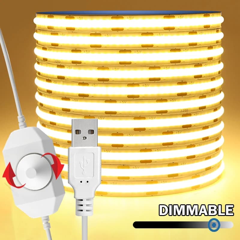 8mm Flexible USB COB LED Strip, Dimmable Light with Dimmer for Bedroom, Kitchen and Wedding Decor