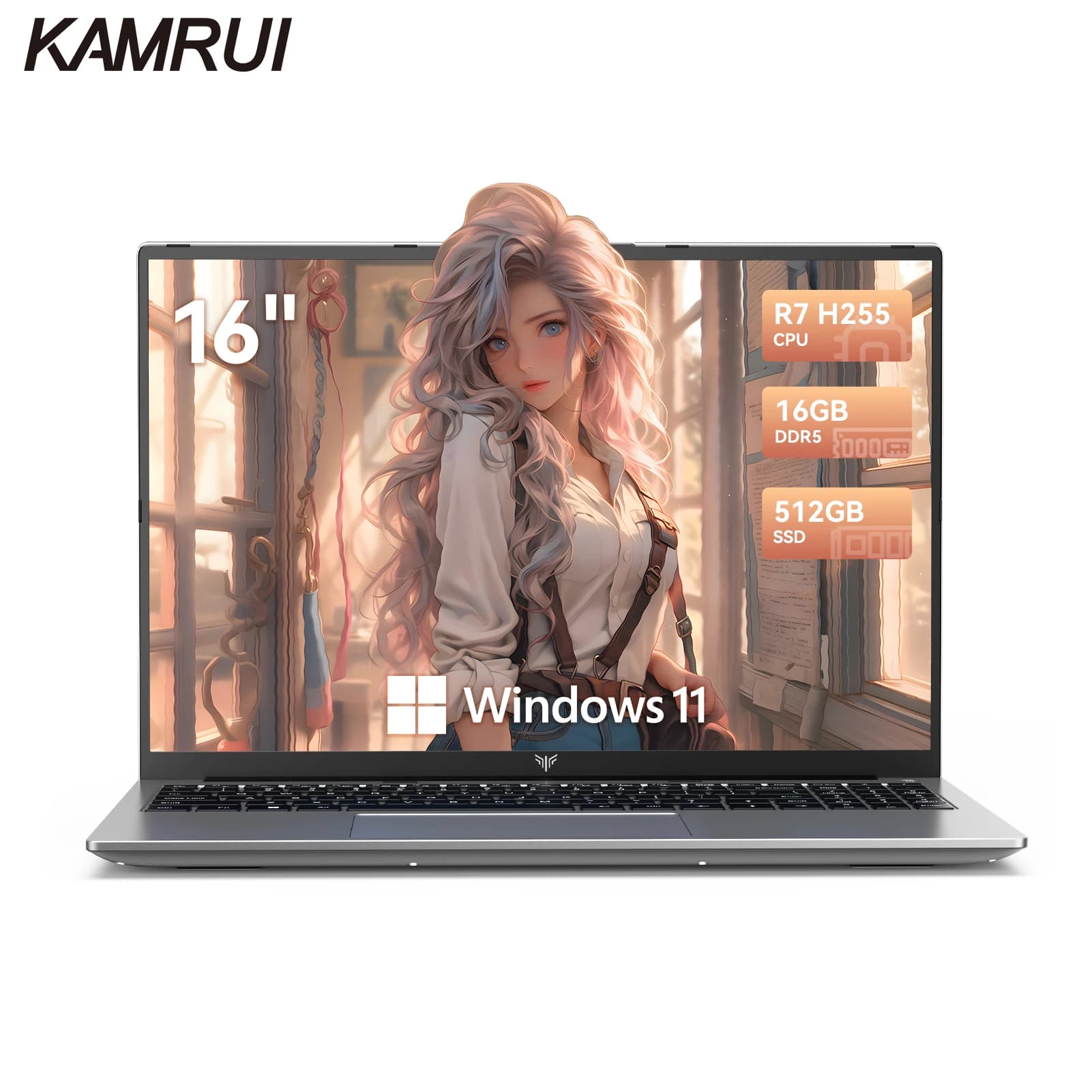 KAMRUI Laptop con AMD Ryzen7 H255, Windows, Schermo IPS 16 Pollici, 16GB DDR5, 512GB SSD NVMe, Tastiera Retroilluminata e Numerica, Wifi6, BT5.2