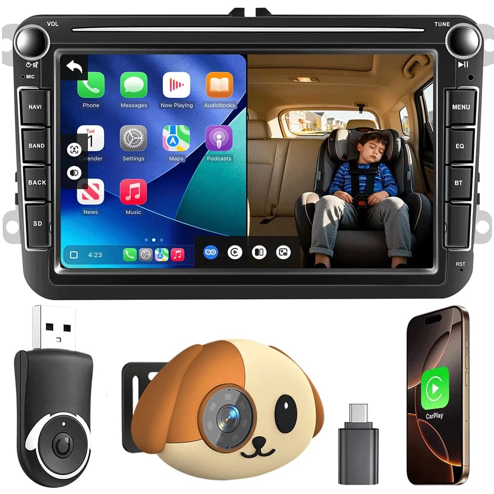 Adattatore CarPlay Wireless Cabin Care con Telecamera per Bambini 1080PHD 150 ° Monitor per Sedile Posteriore Auto con Visione Notturna ad Ampio Angolo e Visualizzazione in Tempo Reale