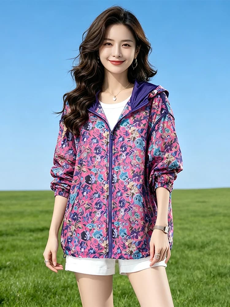 Fashionable Korean Style Floral Print Hooded Sun Protection Jacket Women's Loose Fit Summer New plus Size Air Conditioning ...