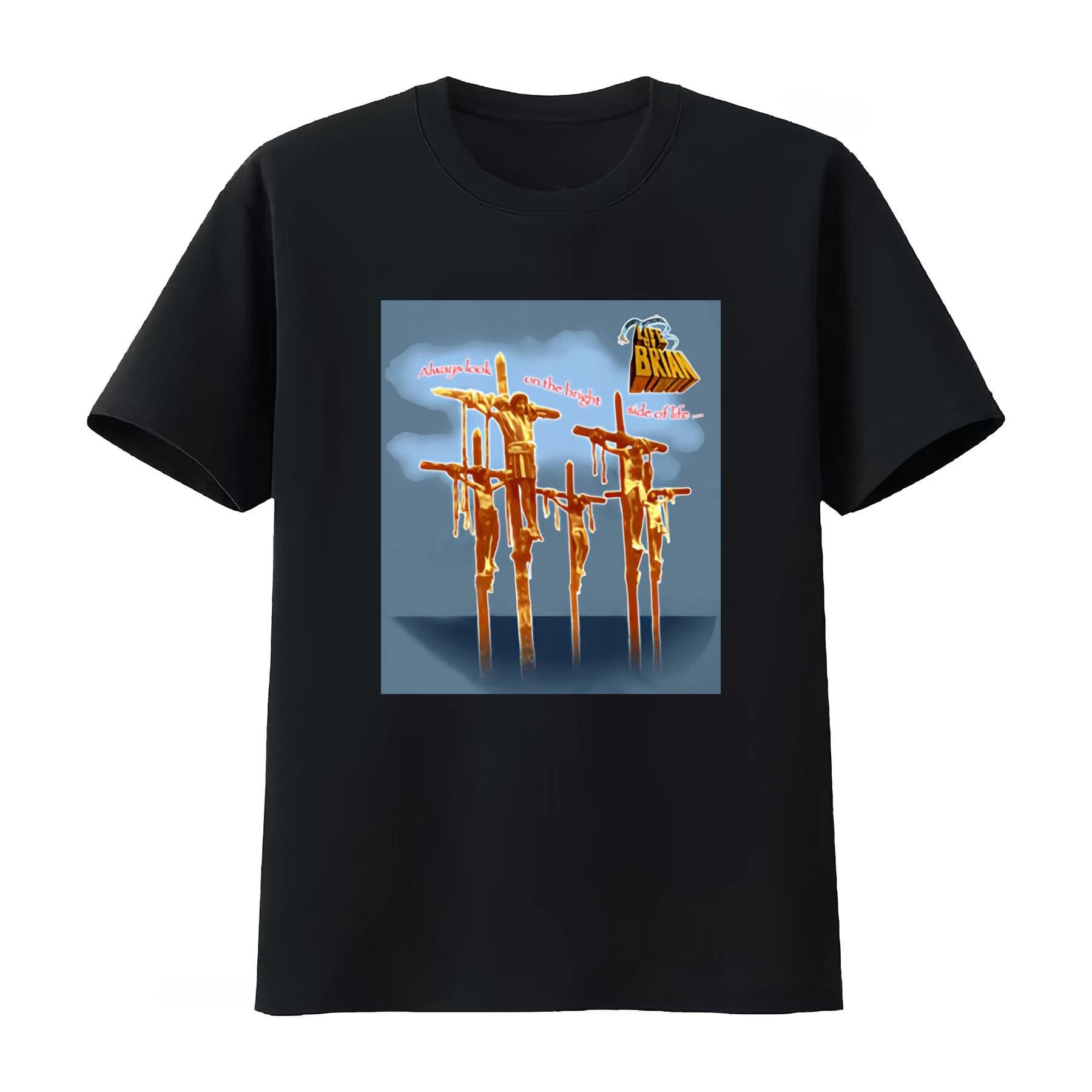 Maglietta blu liquido Monty Python Life of Brian con la famosa scena del crocifisso e la scritta 'Always Look on the Bright', top estivo da uomo 2026
