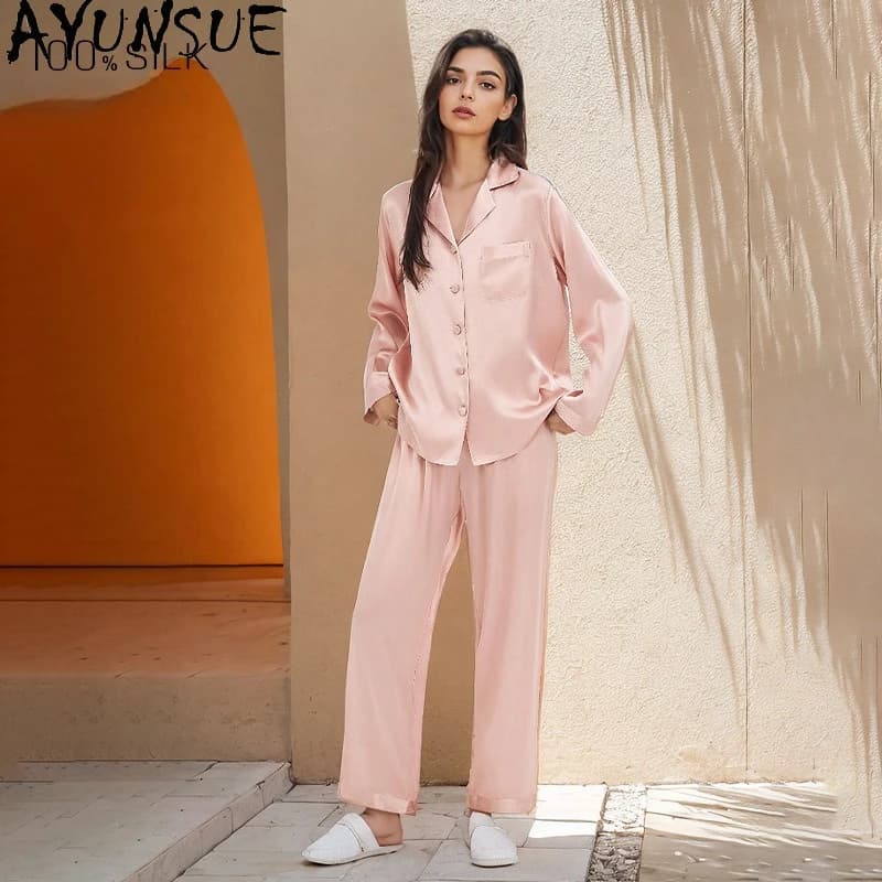 AYUNSUE 100% seta di gelso pigiama set indumenti da notte per dormire vestiti delle donne estate 16mm seta casual pantaloni lunghi top pigiama femme