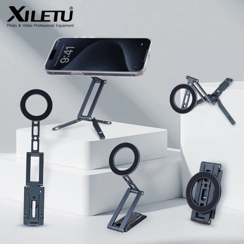 XILETU Supporto Magnetico per Cellulare Magsafe con Gancio, Treppiede Pieghevole da Tavolo per iPhone, Selfie e Video