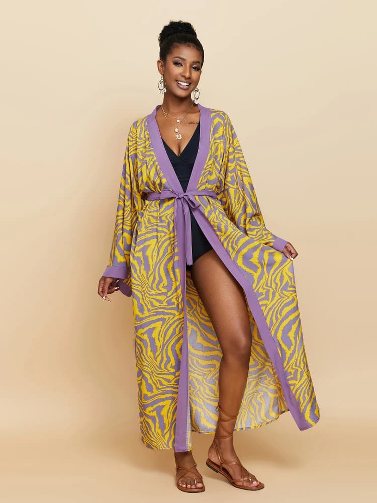 Zebra Beach Cover Up for Women Long Sleeved Kimono Dress with Rayon Automatic Belt Elegant Wall 2023 Swimwear Vacation Beachwear