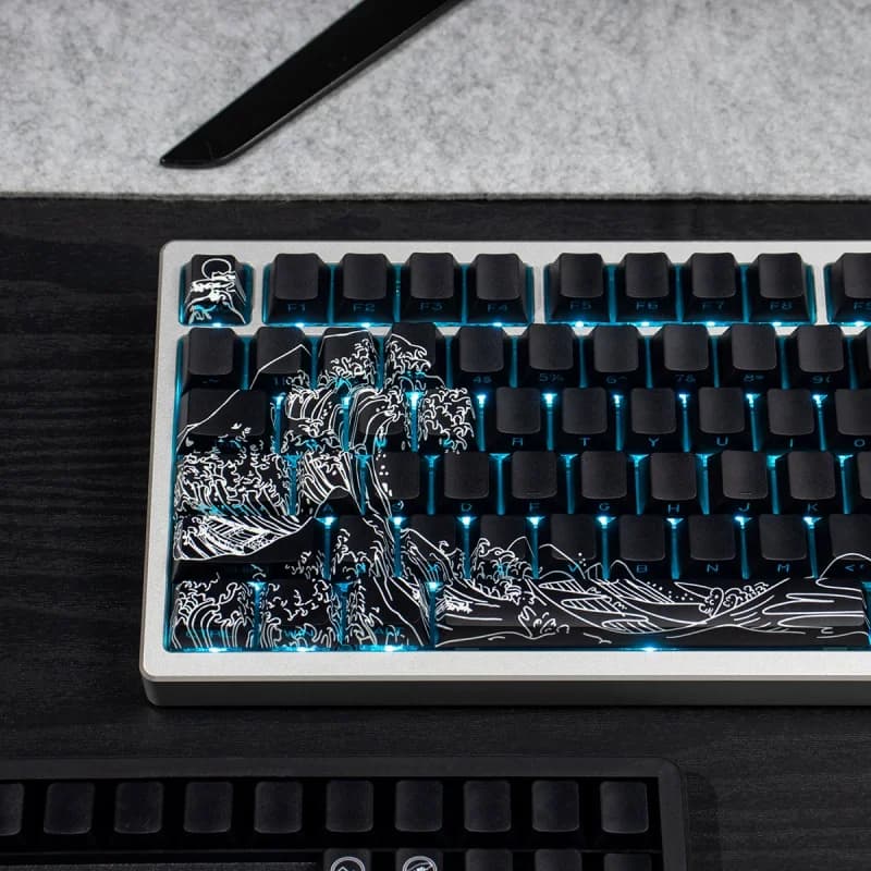 Wave of Kanagawa PBT Keycaps,129 Keys Cherry Profile Side Print Shine Through Custom Keyboard Keycaps for Mechanical Keyboards