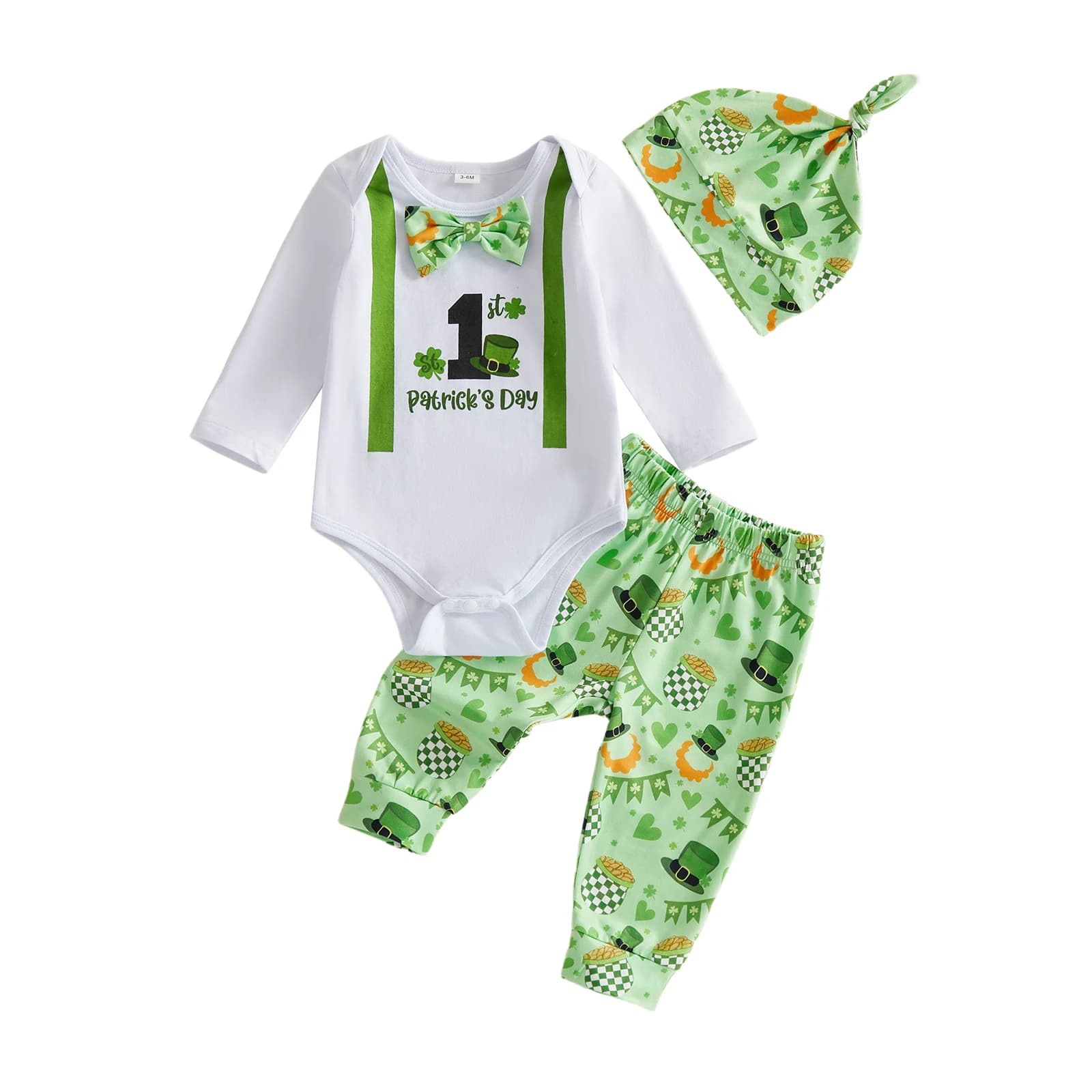 Set di pantaloni e cappello con pagliaccetto con stampa trifoglio verde per neonato di San Patrizio per la celebrazione primaverile con cappello a cilindro con trifoglio