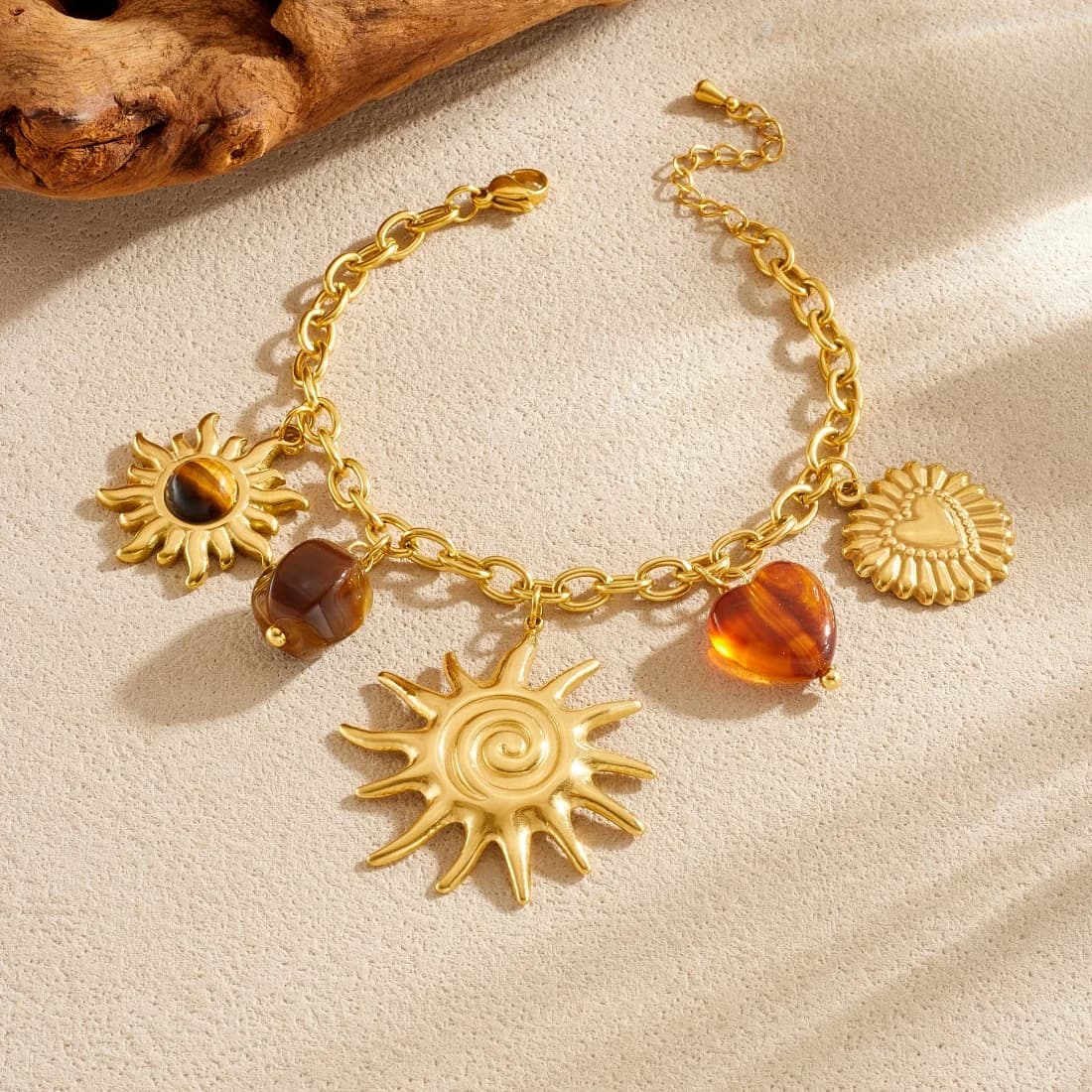 Stainless Steel Sun Heart Crystal Charm Adjustable Bracelet For Women Girl Beach Fashion New Jewelry Gift Party Holiday