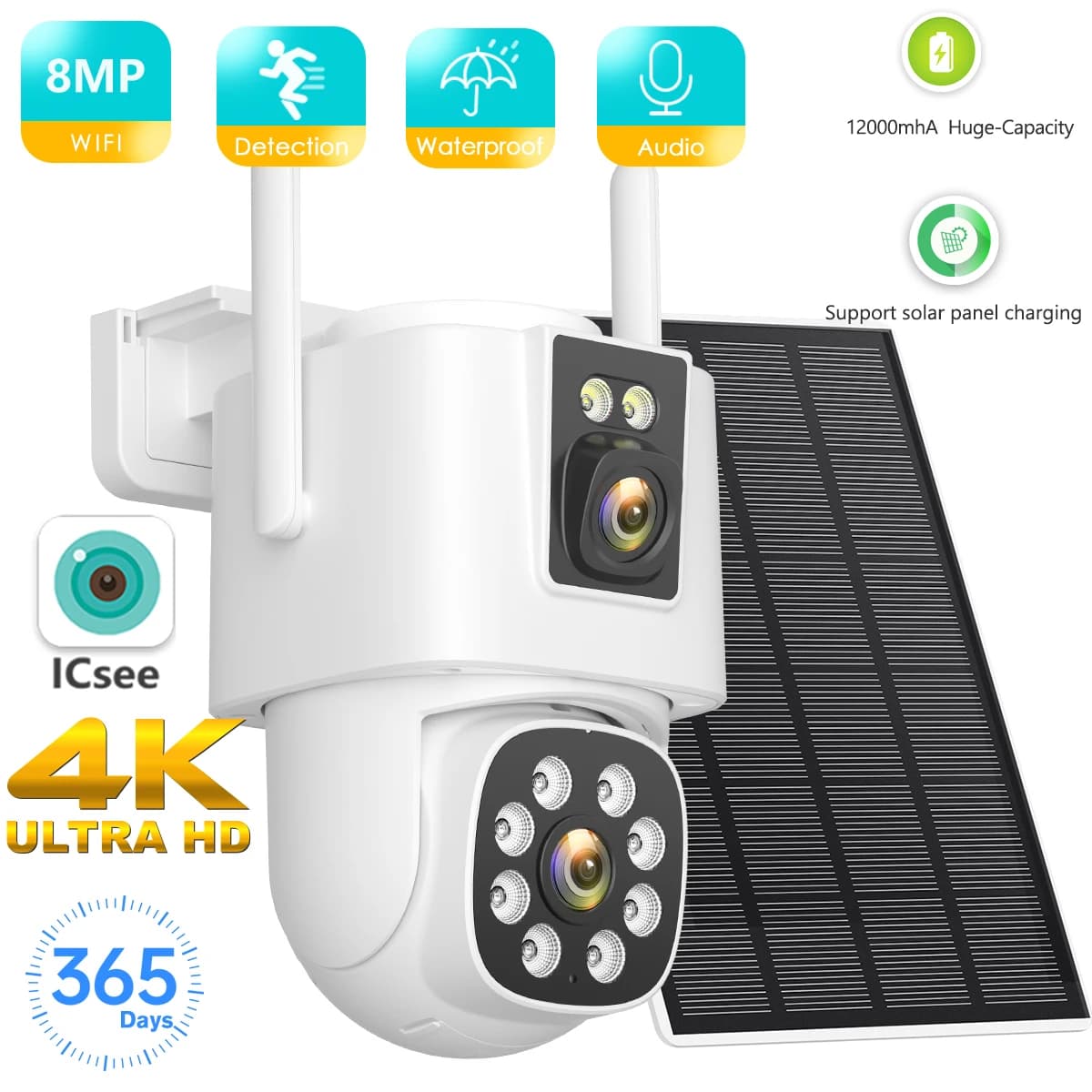 BESDER 8MP 4K Telecamera IP wireless solare con batteria da 12000 mAh Esterna HD 4MP Doppia lente WiFi IP Camara Pannello solare CCTV Sicurezza