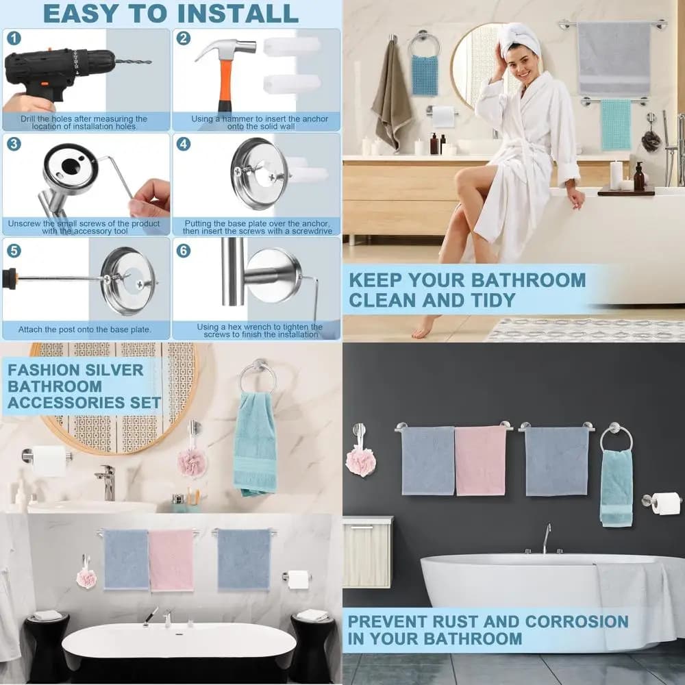 Set di accessori da bagno in acciaio inossidabile da 20 pezzi, portasciugamani spazzolato 23,6, porta carta igienica, gancio per accappatoio, supporto da parete (argento)