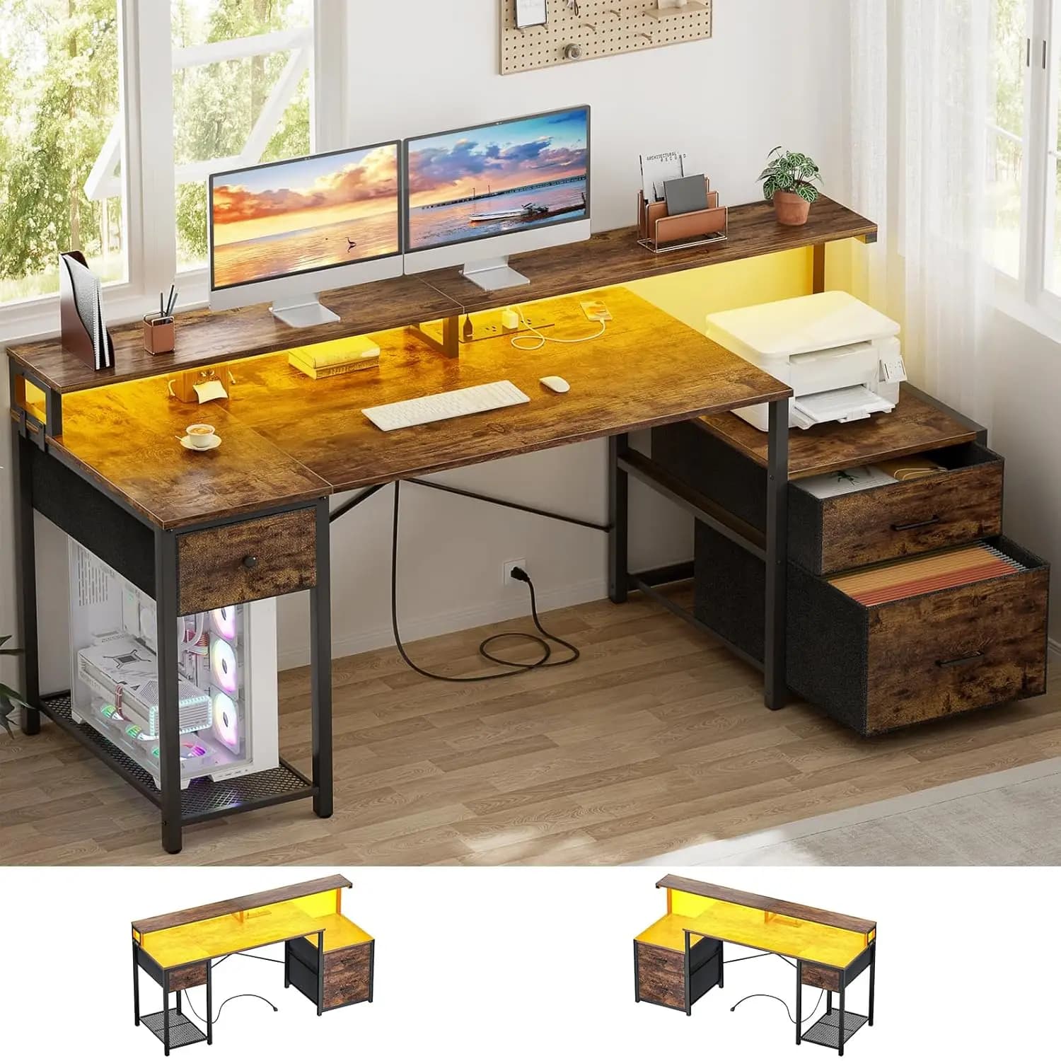 Scrivania per Computer con 3 Cassetti, Armadietto Portadocumenti, Presa di Corrente, 59 Pollici, LED, per Gaming e Lavoro, Ripiano Porta Monitor, Marrone Rustico, Personalizzabile