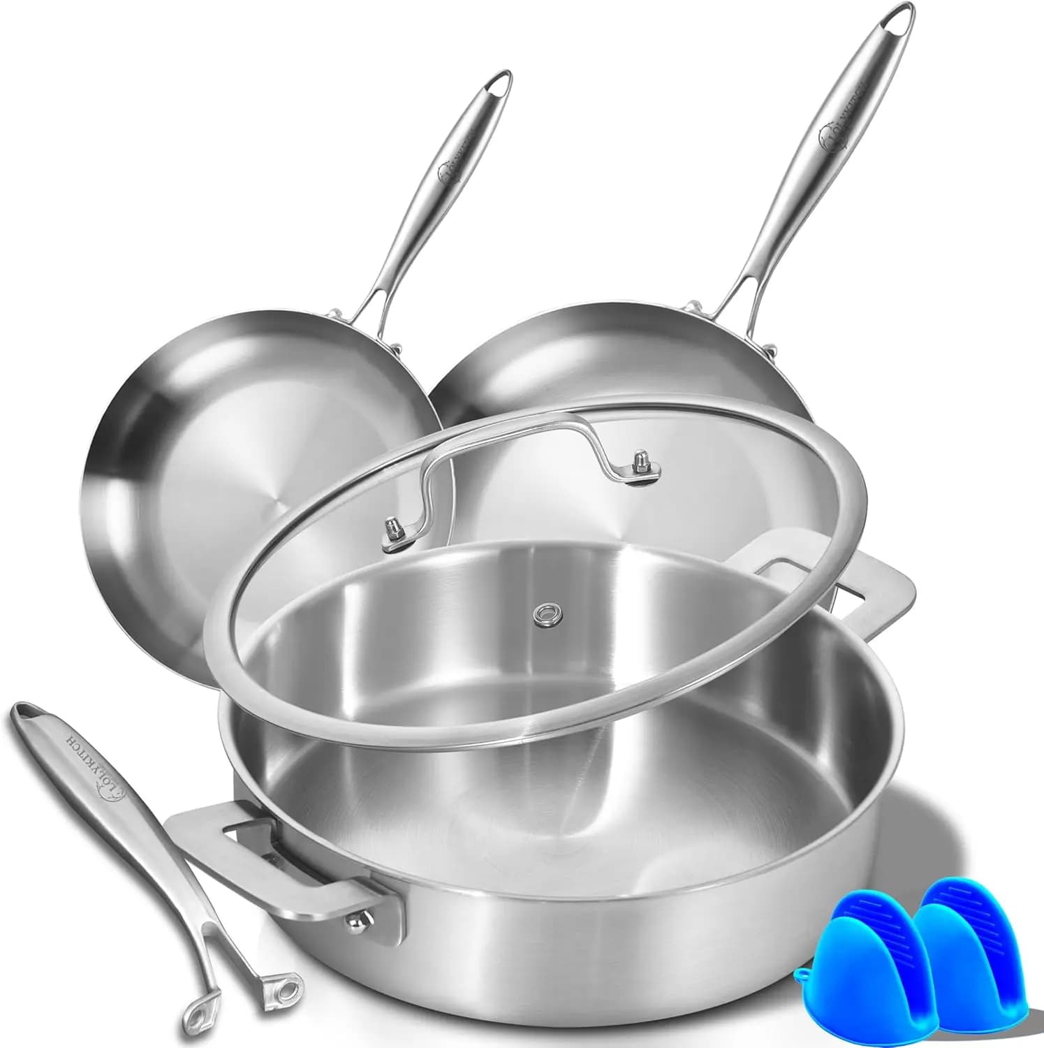 Set di Padelle in Acciaio Inox Tri-Ply 8.5-12 Pollici con Coperchio, Pentole per Induzione, Manico Staccabile, Lavabili in Lavastoviglie