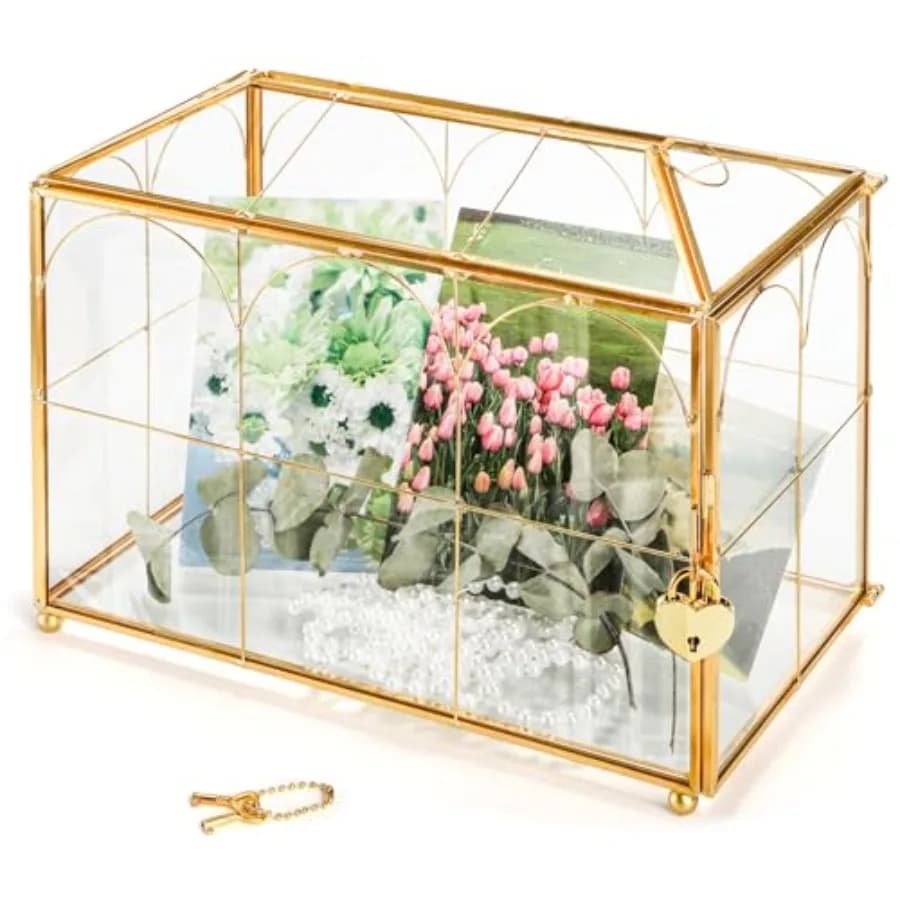 Glass Card Box with Slot, Large Gold Clear Card Box for Wedding Receptions, Decorative Storage Box with Lock for Baby Shower, B
