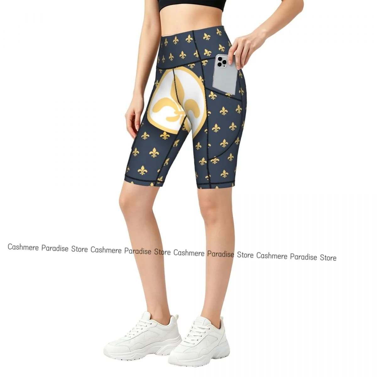 Women Pocket Sports Shorts Yoga Leggings Outdoor Wearling High Elastic Skinny Fleur De Lis Design Shorts Running Cycling