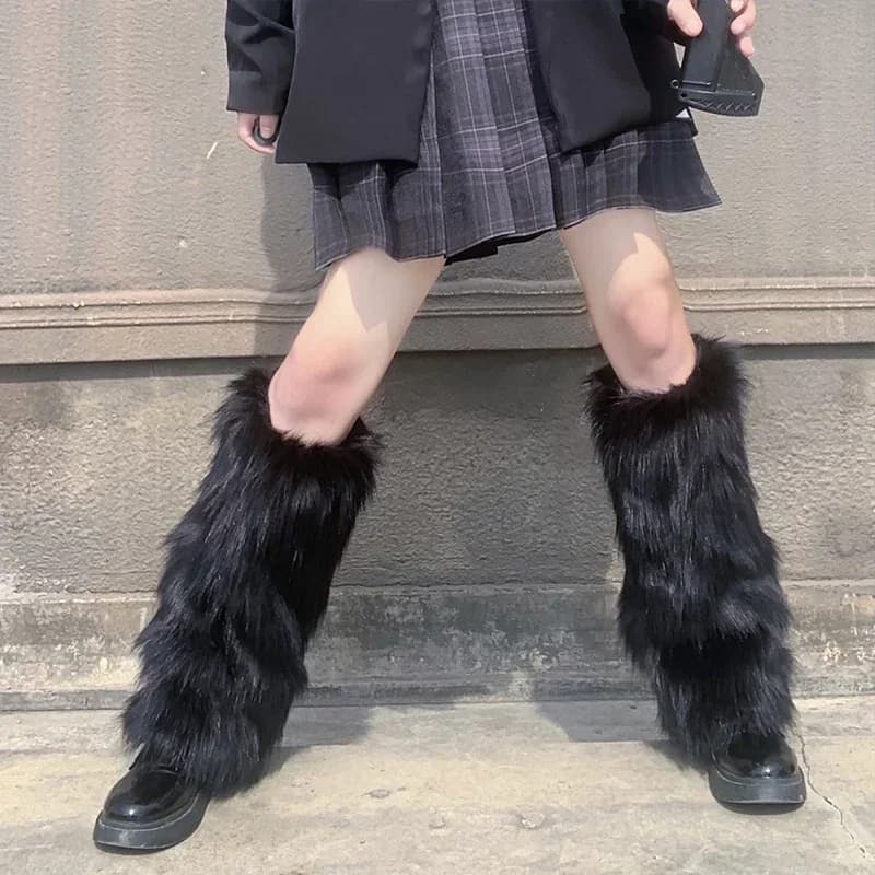 Scaldamuscoli da donna in pelliccia sintetica Y2K Punk inverno caldo peluche ispessimento Jk Leggings stivali copertura Lolita Harajuku calzini lunghi per gambe