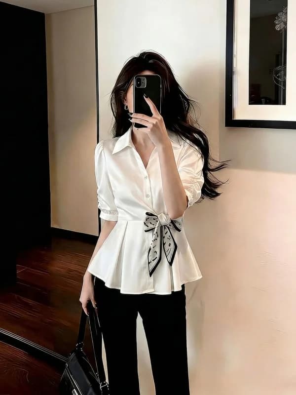 Elegant V-neck Short-sleeved Shirt Women's plus Size Summer New Style Belted Waist Tie-knot Korean Style Loose Fit Blouse