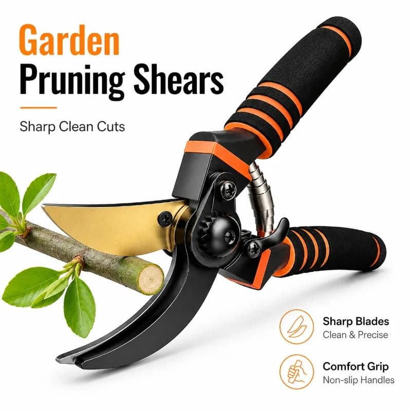 Garden Pruning Shears for Fruit Trees, Sharp Curved Blade Branch Cutter with Spring Assist, Safety Lock and Non-Slip Foam Handle