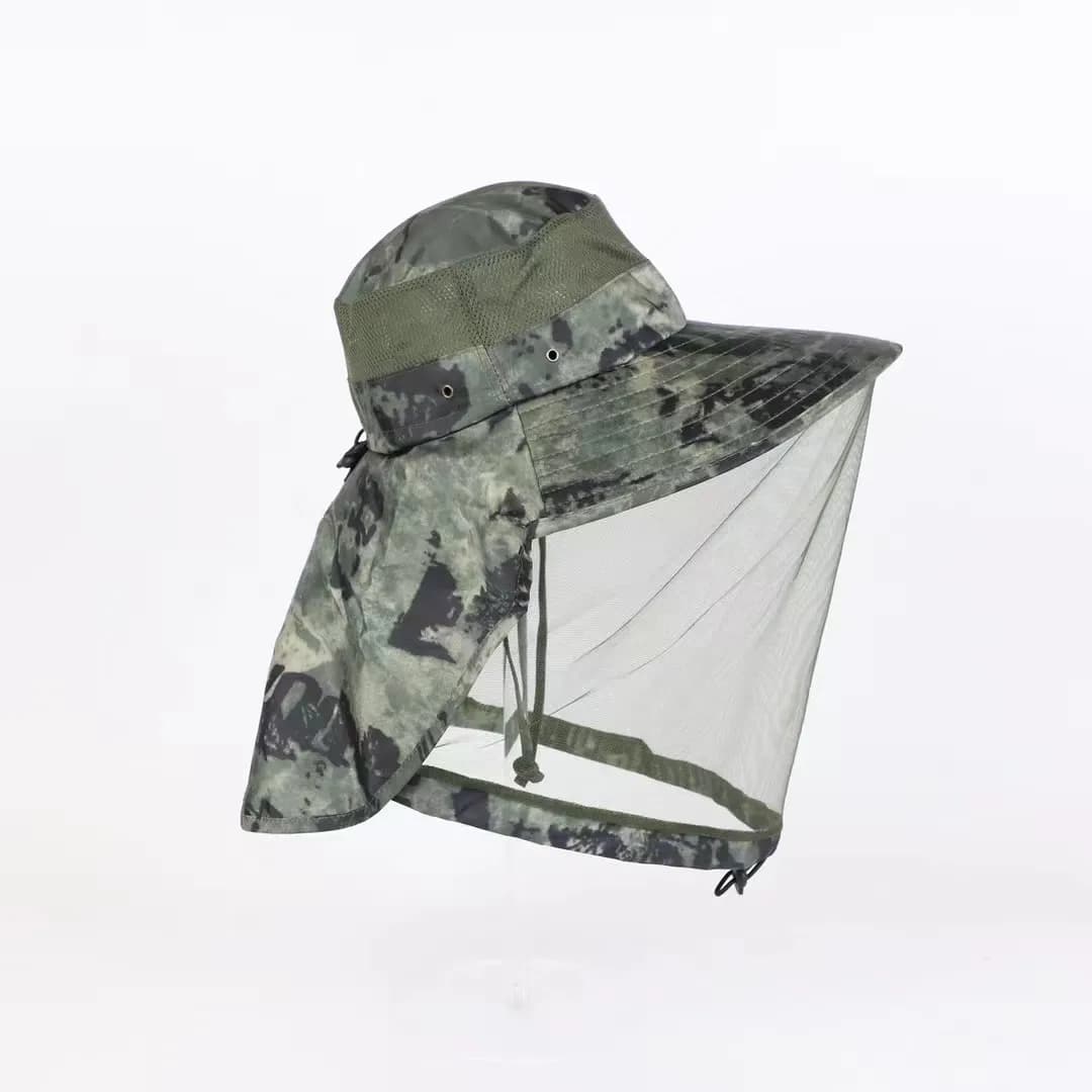 Anti Mosquito Fishing Hat 360° Mesh Net Wide Brim Camo Sun Hat Adjustable Windproof Boonie Cap for Hiking Camping