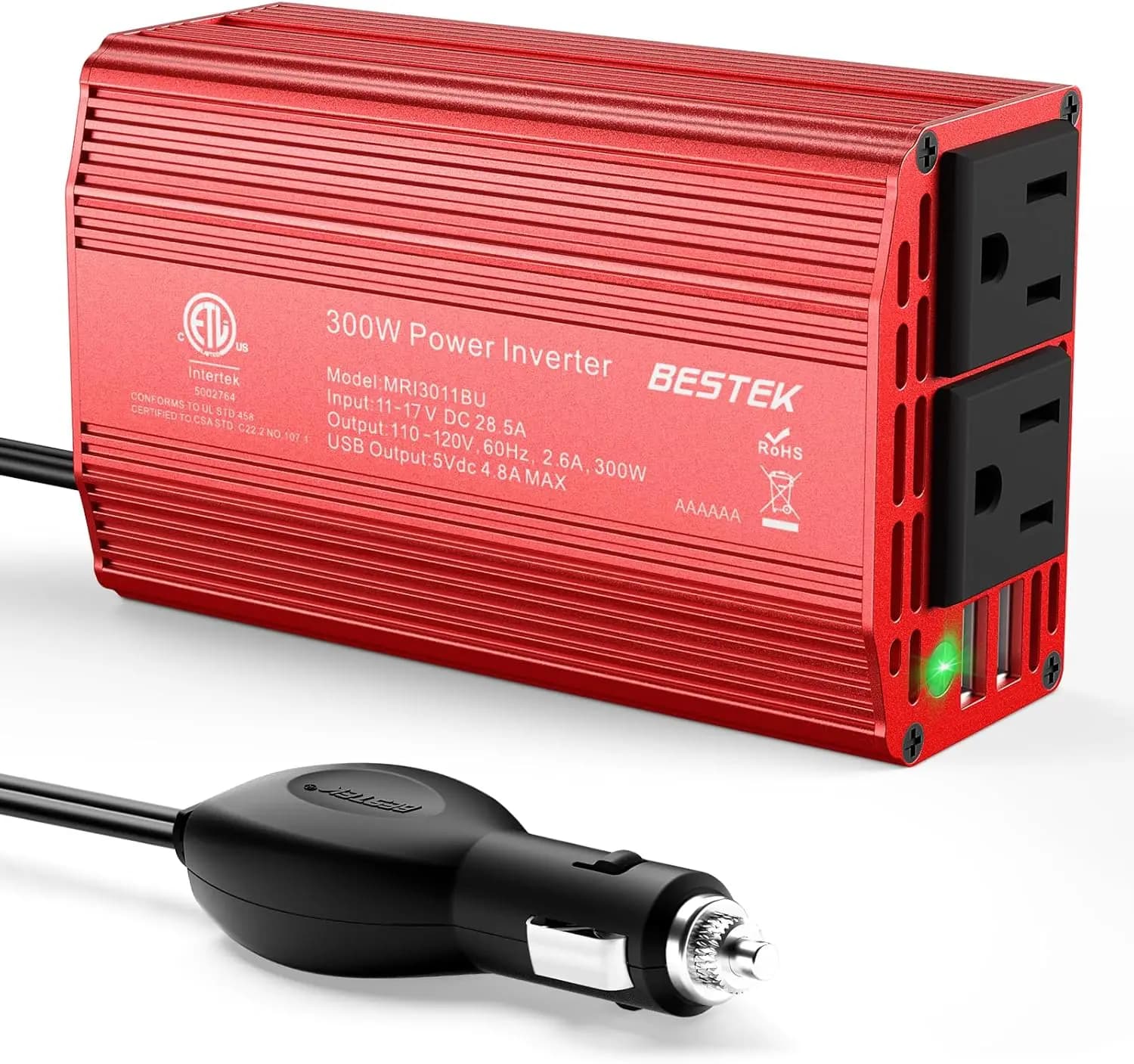 BESTEK Inverter di potenza da CC 12V a CA 110V - Adattatore per presa auto da 300W con porta di ricarica rapida USB doppia da 4.8A - Caricatore per auto con presa accendisigari