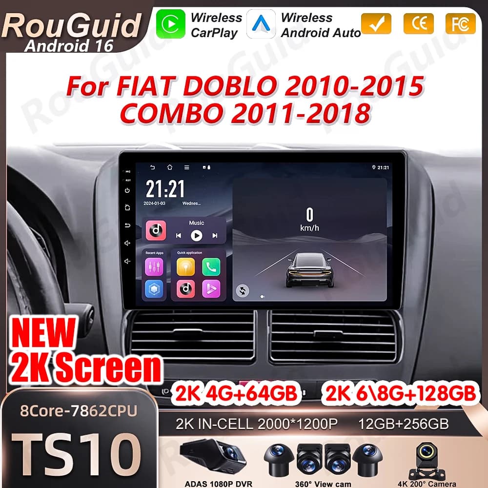 Android 16 Carplay per FIAT DOBLO COMBO 2010 2011 2012 - 2018, Lettore Multimediale 5G Wifi con DSP, GPS, Bluetooth, Schermo Touch Wireless