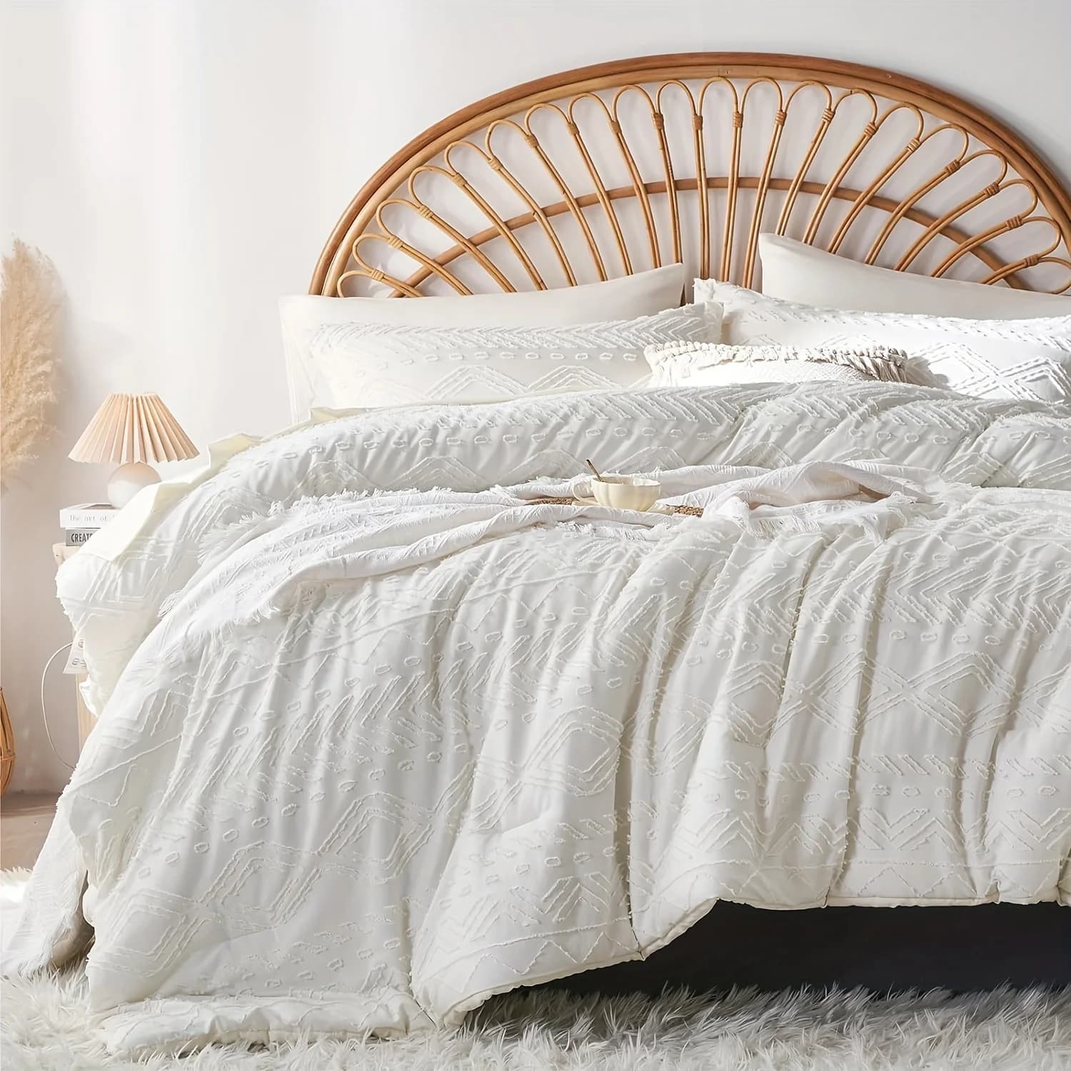 7pcs Boho Embroidered Bedding Set Queen King Microfiber Comforter Flat Fitted Sheet Pillowcases