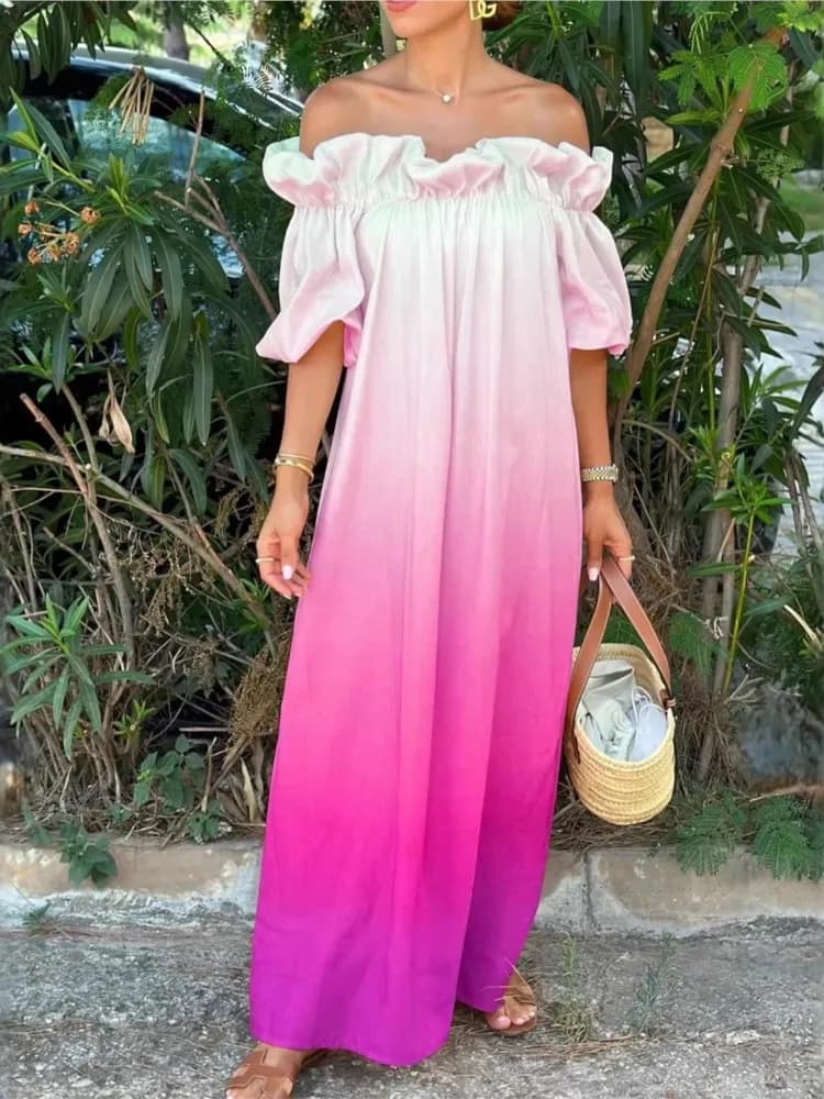 Abiti estivi casual eleganti e comodi, nuovo abito monospalla con sfumature di colore, sexy, senza schienale, con maniche a sbuffo, per donna, Robe Femme
