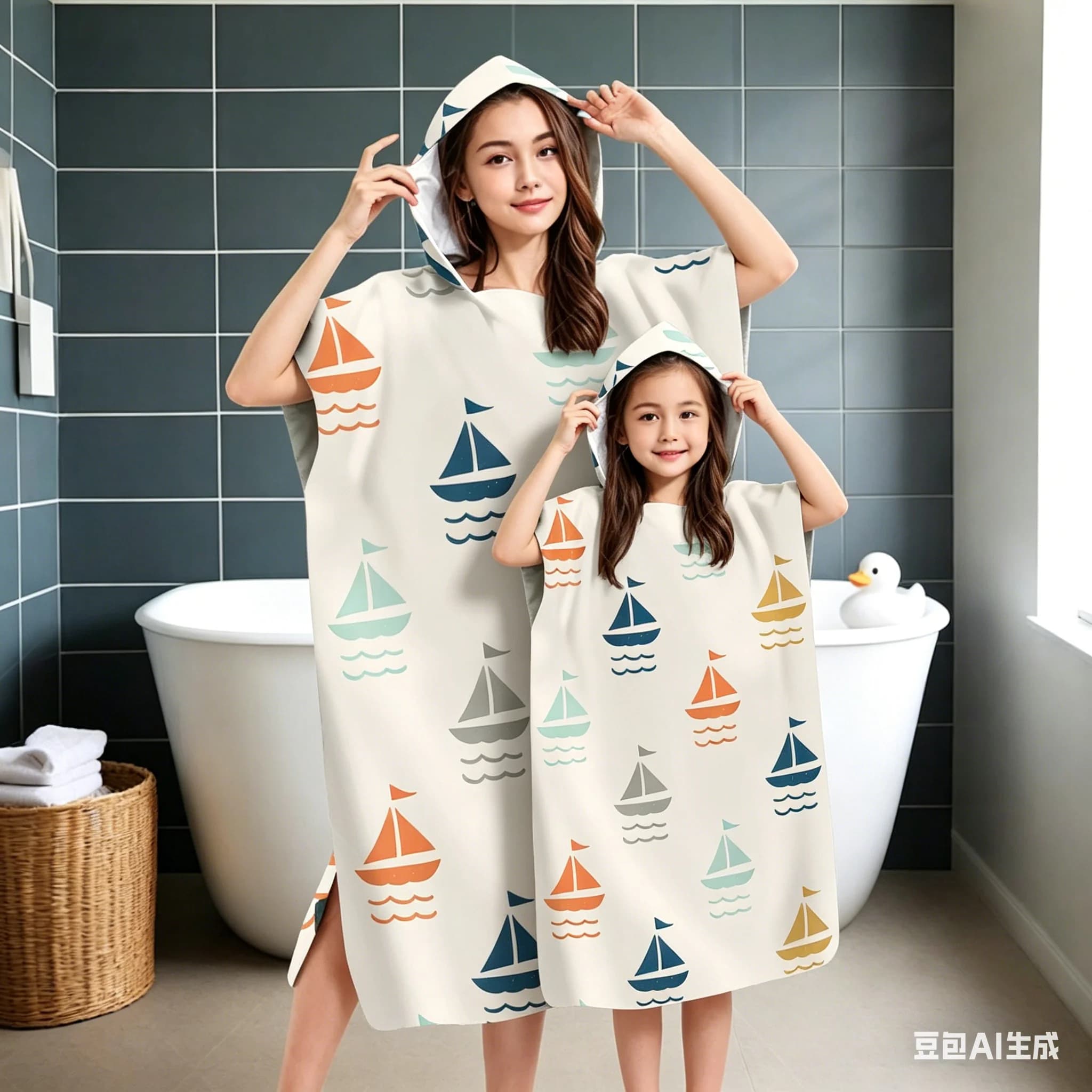 Accappatoio con Cappuccio a Forma di Barca a Vela per Famiglia, Morbido e Assorbente Poncho da Spiaggia per Mamma e Figlia