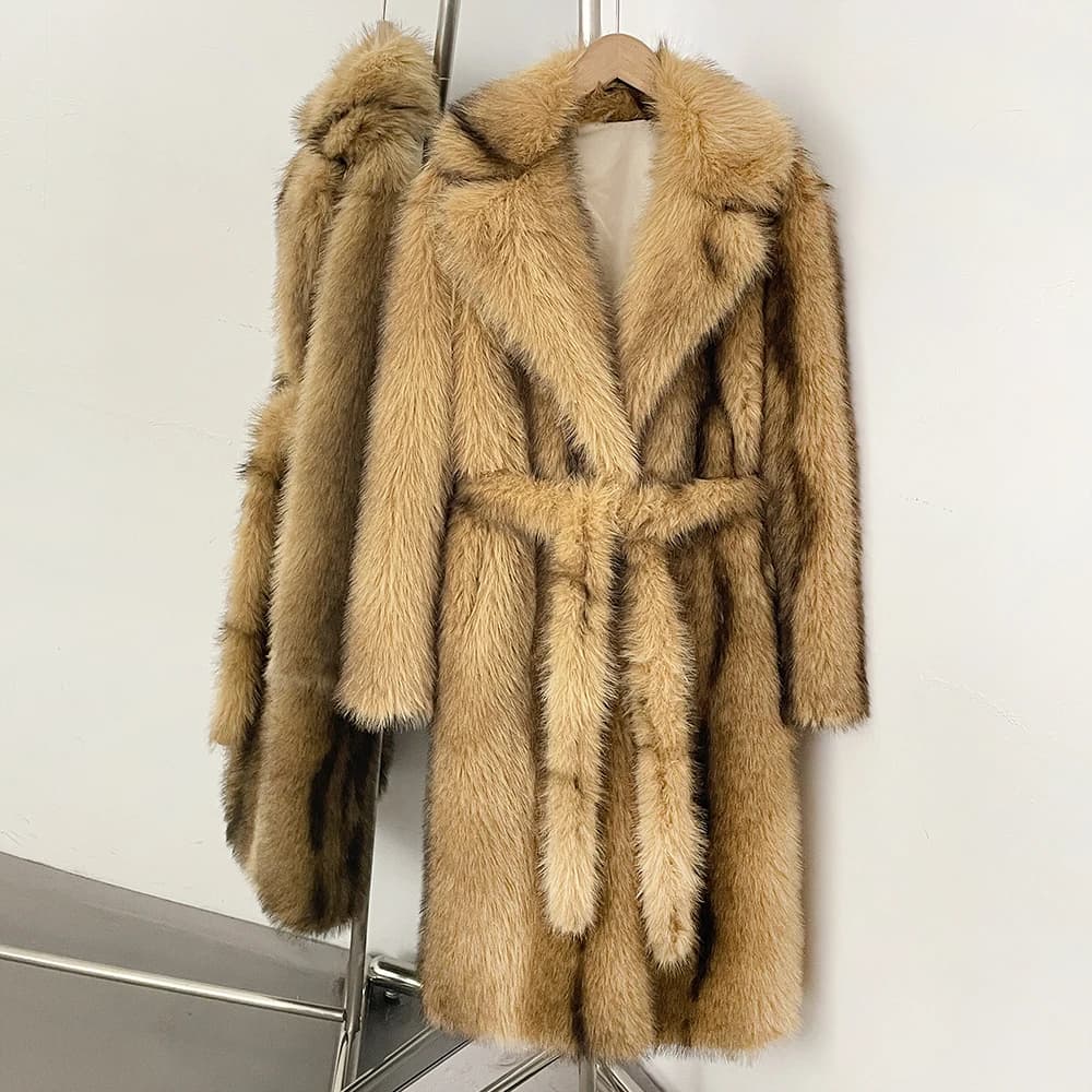 Cappotto Lungo in Pelliccia Sintetica da Donna con Collo a Revers e Cintura, Giacca in Finta Pelliccia, Nuovo Prodotto Autunno Inverno