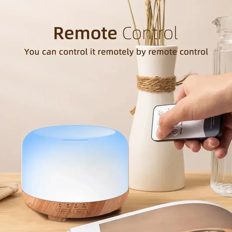 Diffusore di Aromi da 500ML con Effetto Legno e Luce Colorata, Diffusore di Oli Essenziali e Umidificatore con Telecomando per Casa e Ufficio