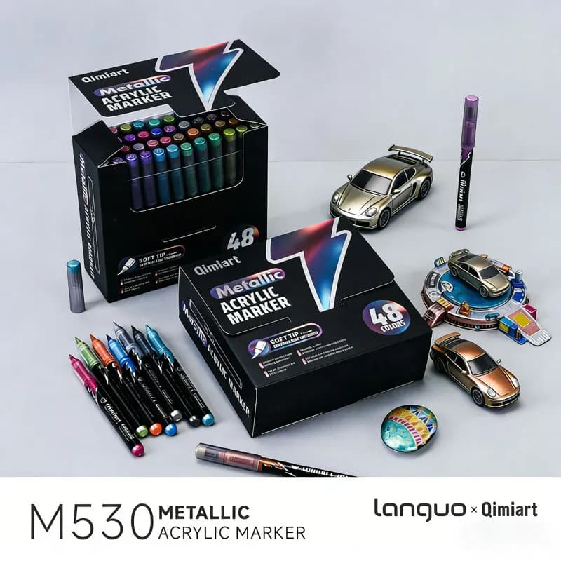 Languo 48 Colors Brush Tip Metallic Acrylic Marker Pen Set Student DIY Graffiti Hand Drawn Paint Pens Stationery M530