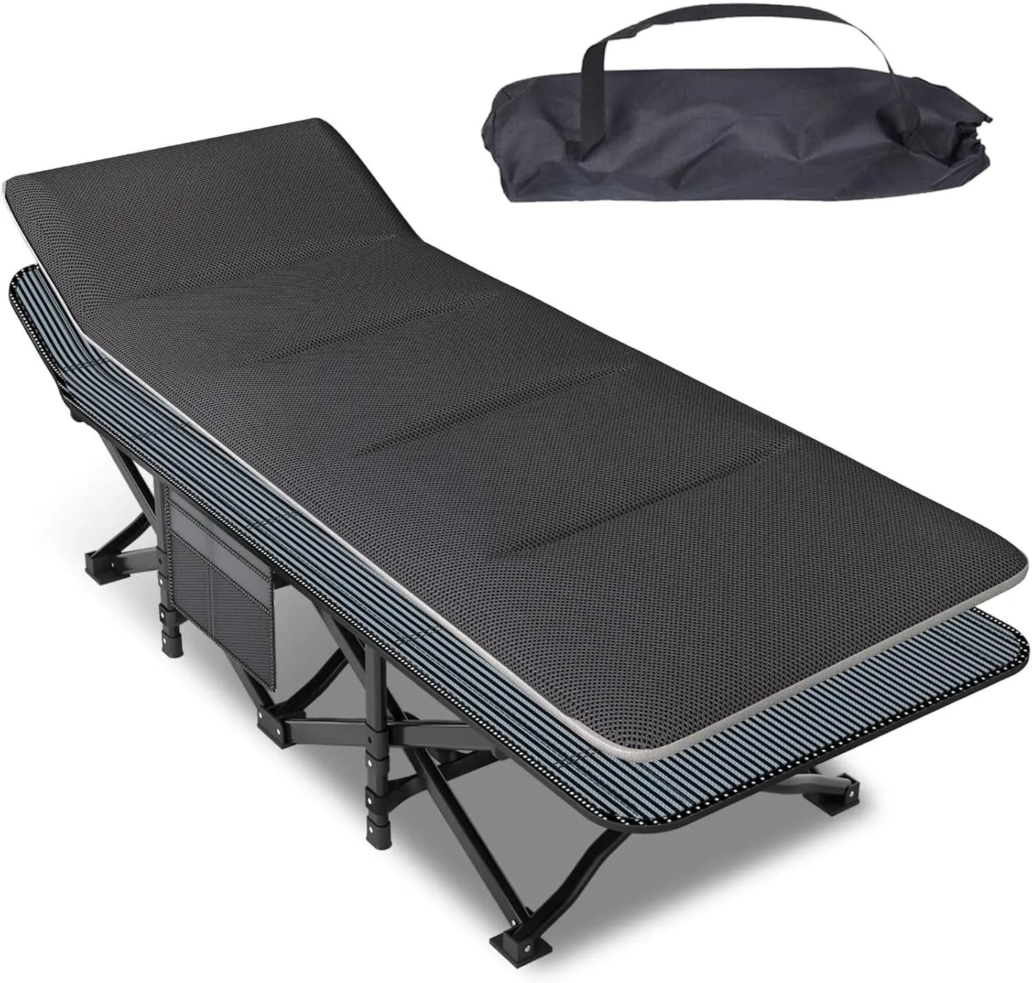 Adult camping cot, folding bed with pillow, portable tent bed, transport bag, supports 450 pounds