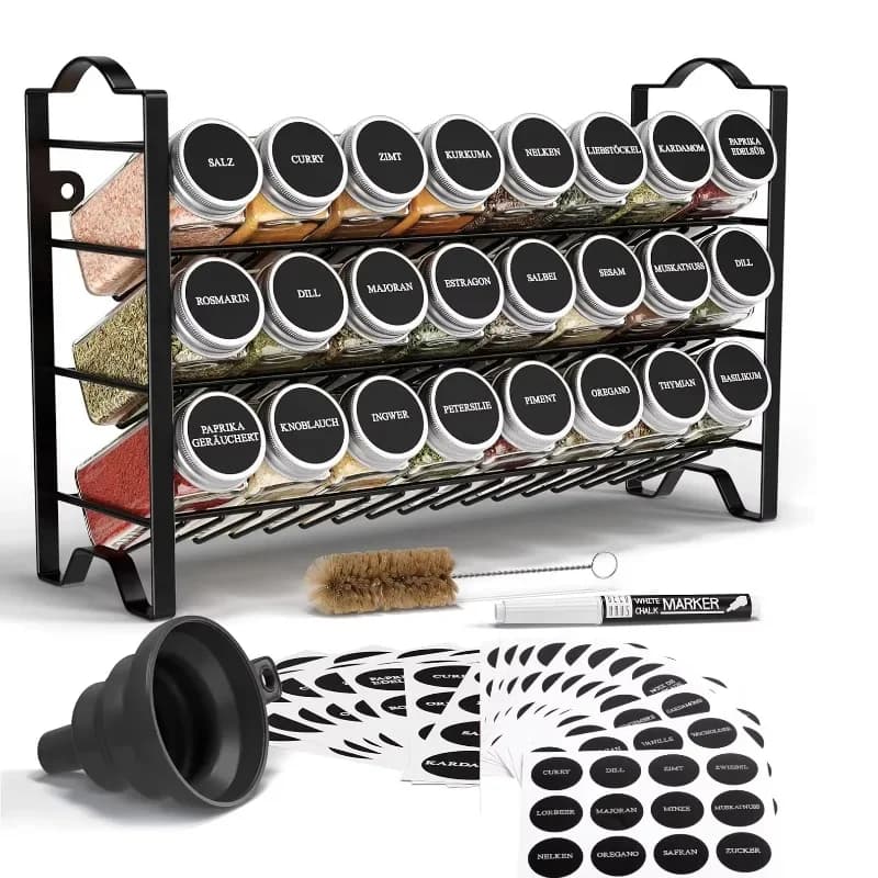 Set di stoccaggio per rack nero per esposizione di spezie in vetro da 24 pezzi. Sospensione del sistema di portaspezie