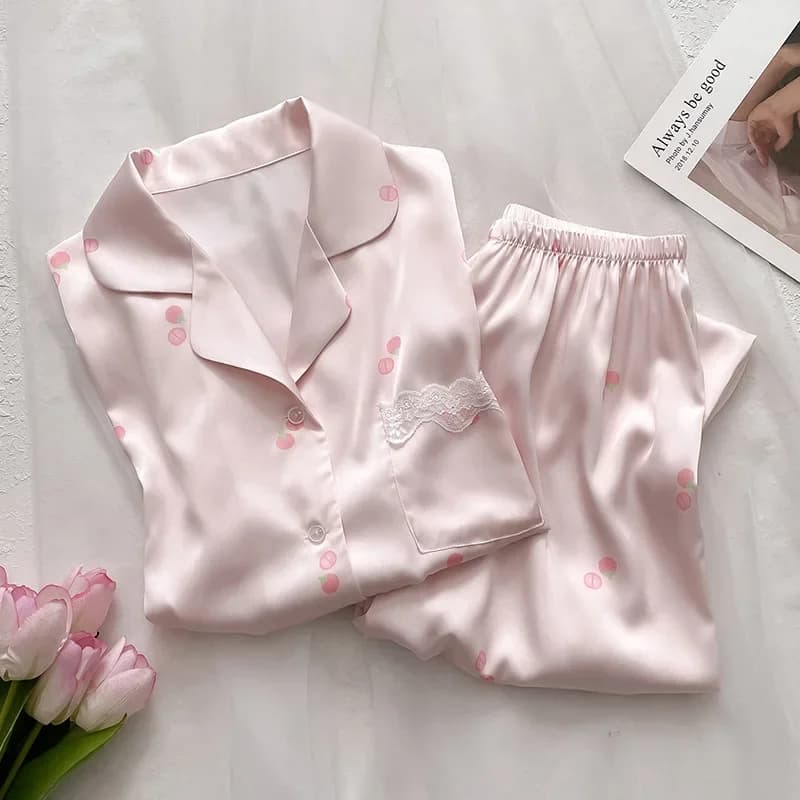 Spring Autumn 2/pce Set Girls Casual Sweet Pajama Women Long Sleevees Pants Set Loungewear Lady Fashion Pink Polka Dot Pajama