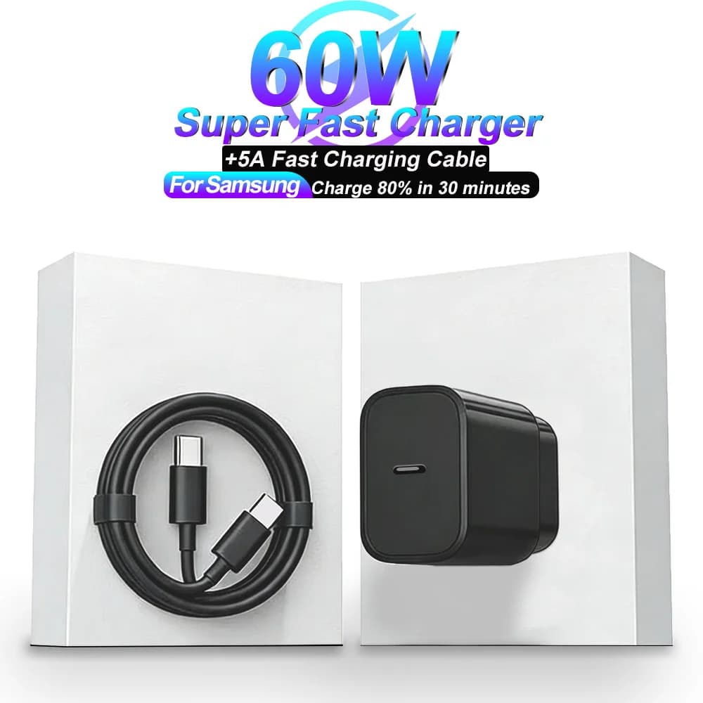 Caricabatterie Super Veloce da 60W per Samsung, Cavo di Ricarica Rapida USB 5A con Adattatore EU per Samsung Galaxy S26 S25 S24 S23 S22 S21 Ultra