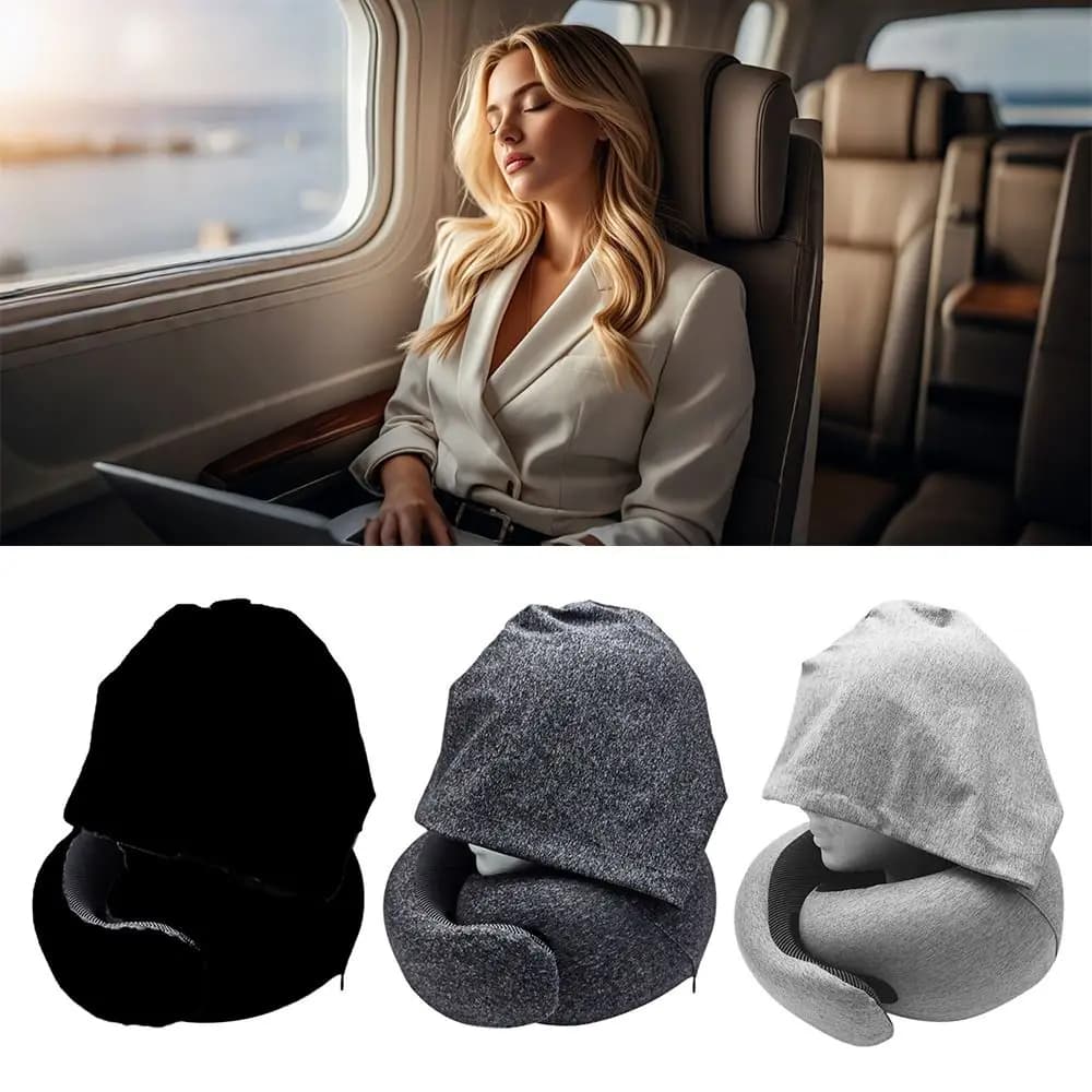Regalo Fodera staccabile Cuscino da viaggio per collo Memory Foam Borsa da viaggio a forma di U Cuscino con cappuccio Caratteristica Poggiatesta Uso in auto