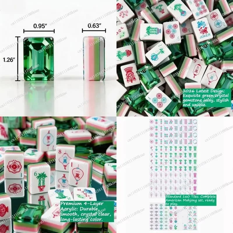 2026 New American Mahjong Set for Luxury Mah Jongg Green Crystal Gemstone 4-Layer Acrylic Tiles 160PCS