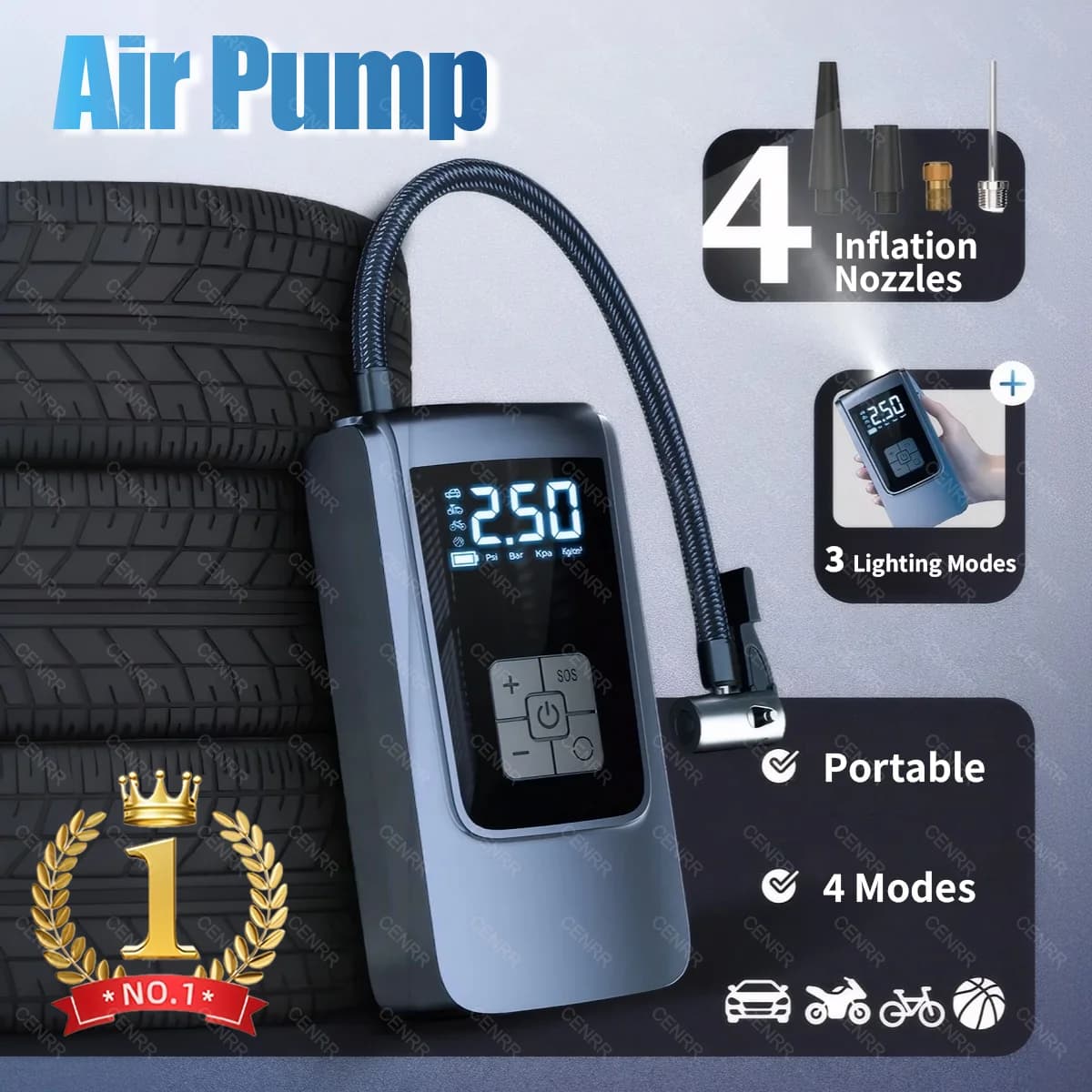 Compressore d'aria wireless per gonfiaggio pneumatici elettrico con pompa d'aria portatile per auto con display digitale LCD per palla da moto per bicicletta per auto