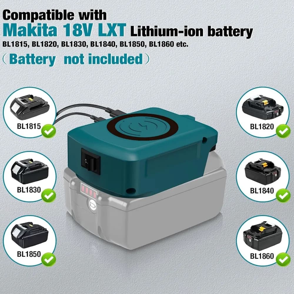 Caricabatterie Wireless USB con Porta di Ricarica Type-C, Power Bank Portatile per Batterie Li-ion 18V Makita/Dewalt/Milwaukee