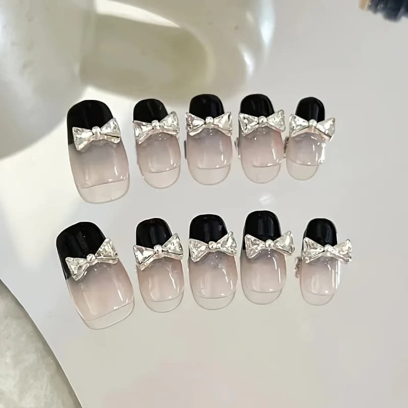 10 hand-made print pieces on medium nails, nail decoration with sparkly bow, manicure decorations for women and girls, reusable nails